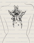 Upper back angel tattoo centered between shoulders, biblically accurate seraphim wings and eye motif, divine protective faith line design.