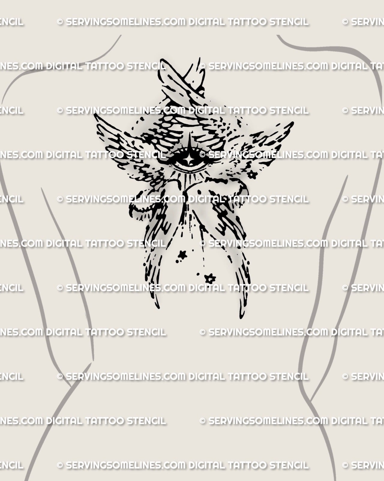 Upper back angel tattoo centered between shoulders, biblically accurate seraphim wings and eye motif, divine protective faith line design.