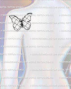Back shoulder mockup showing the butterfly stencil with barbed wire mesh wings styled to sit clean along the upper back curve in a sharp minimal look