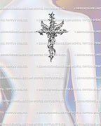 Upper back and shoulder display of ornamental cybersigilism cross tattoo with fine-line wings and baroque vines.