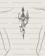 Cybersigilism sword tattoo design along the upper back spine with celestial star anchors and spiky tribal blackwork lines in symmetry.