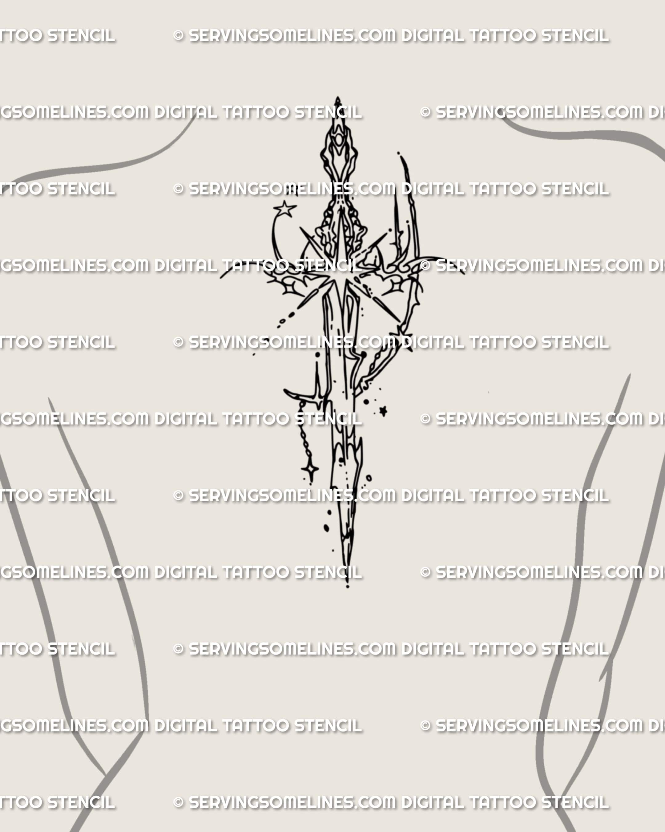 Cybersigilism sword tattoo design along the upper back spine with celestial star anchors and spiky tribal blackwork lines in symmetry.