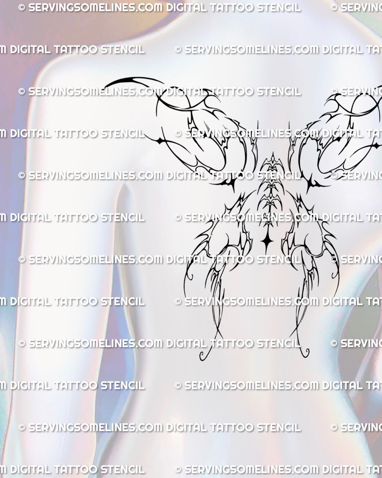 mannequin upper back example showing cybersigil wings with curved spikes, airy shapes, and smooth symmetry made for spine and shoulder placement