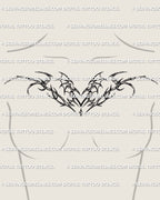 female upper chest mockup with a succubus inspired winged heart tattoo featuring cyber tribal curves and extended flowing wings