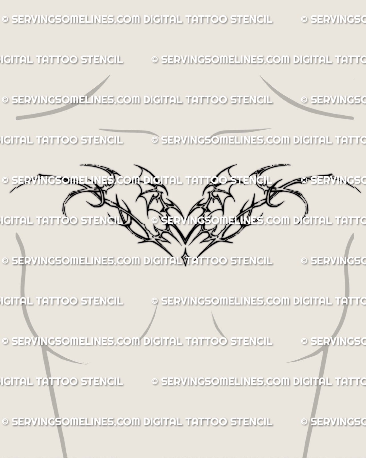 female upper chest mockup with a succubus inspired winged heart tattoo featuring cyber tribal curves and extended flowing wings