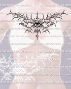 Upper chest eye tattoo shown on women’s chest placement with a sternum-centered eye and sharp horizontal framingv