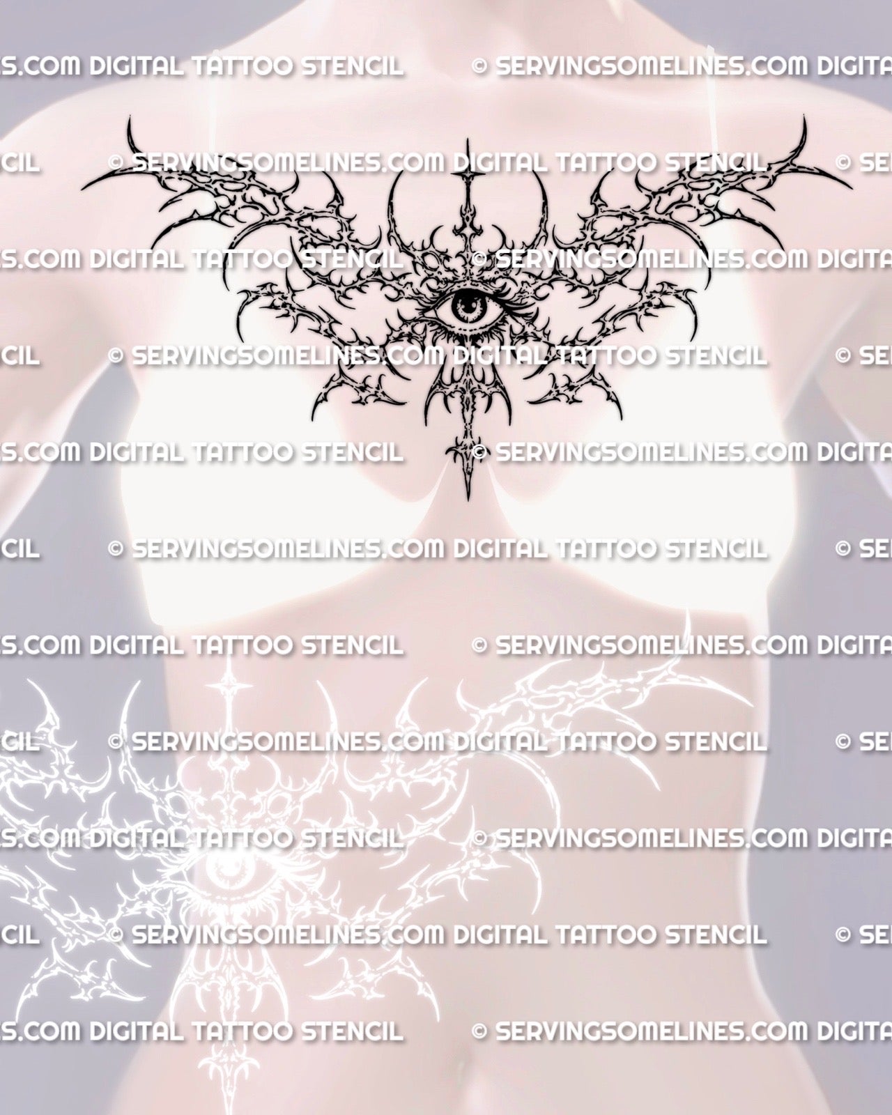 Upper chest eye tattoo shown on women’s chest placement with a sternum-centered eye and sharp horizontal framingv