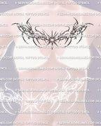 Upper chest starburst tattoo shown on women’s chest placement with a sternum-centered star and clean cyber structure