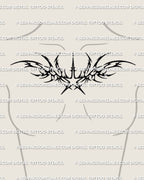 Upper chest tribal star tattoo shown on women’s chest placement with a centered star and strong neotribal structure