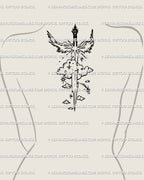 Guardian angel sword tattoo aligned down the spine and upper back, flowing with the body’s centerline for a dramatic yet sacred vertical tattoo.