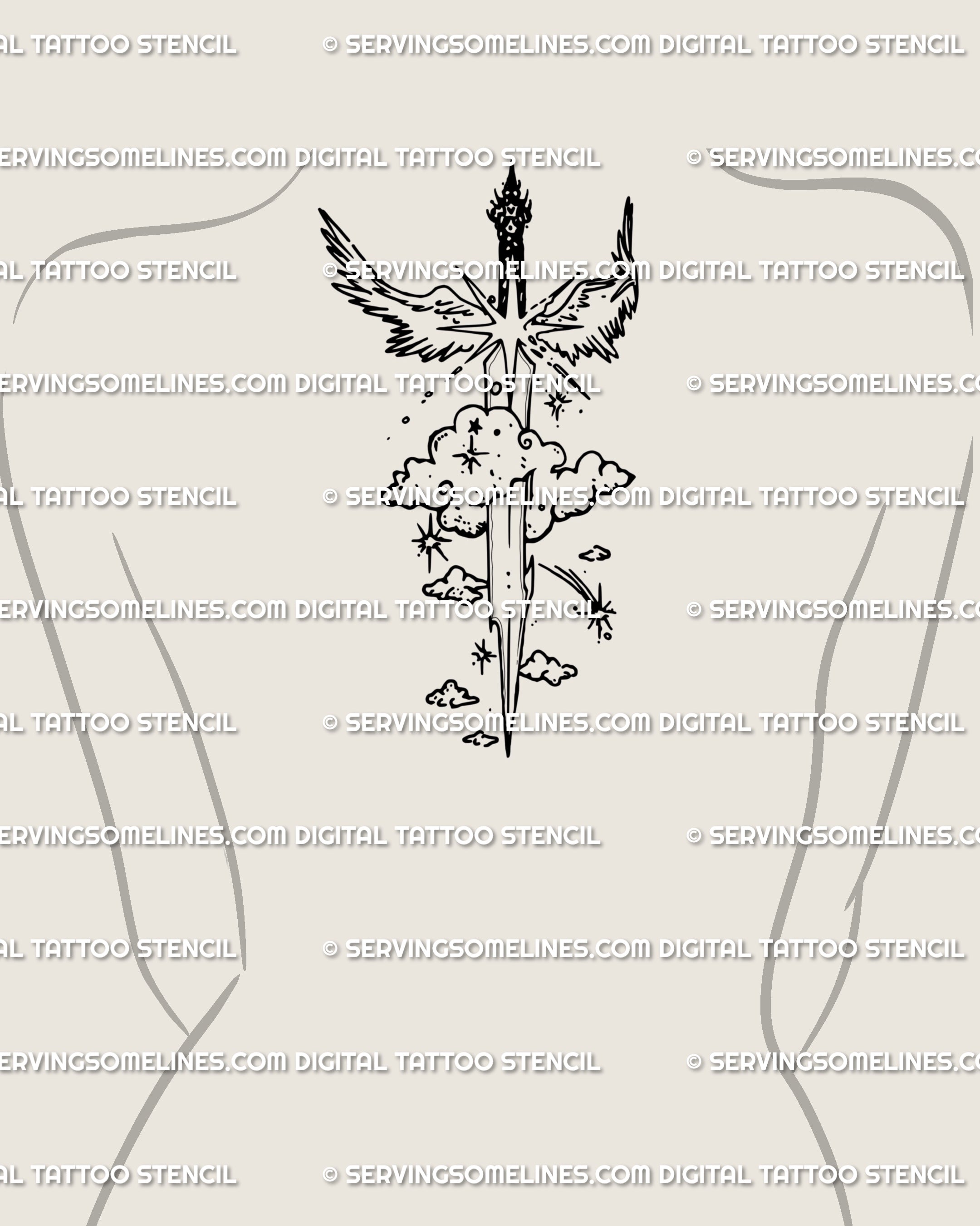 Guardian angel sword tattoo aligned down the spine and upper back, flowing with the body’s centerline for a dramatic yet sacred vertical tattoo.