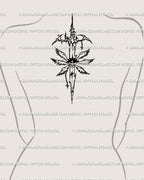 Upper back seraphim sword tattoo in cybersigilism line art, angelcore winged sword design representing faith, power, and spiritual protection.