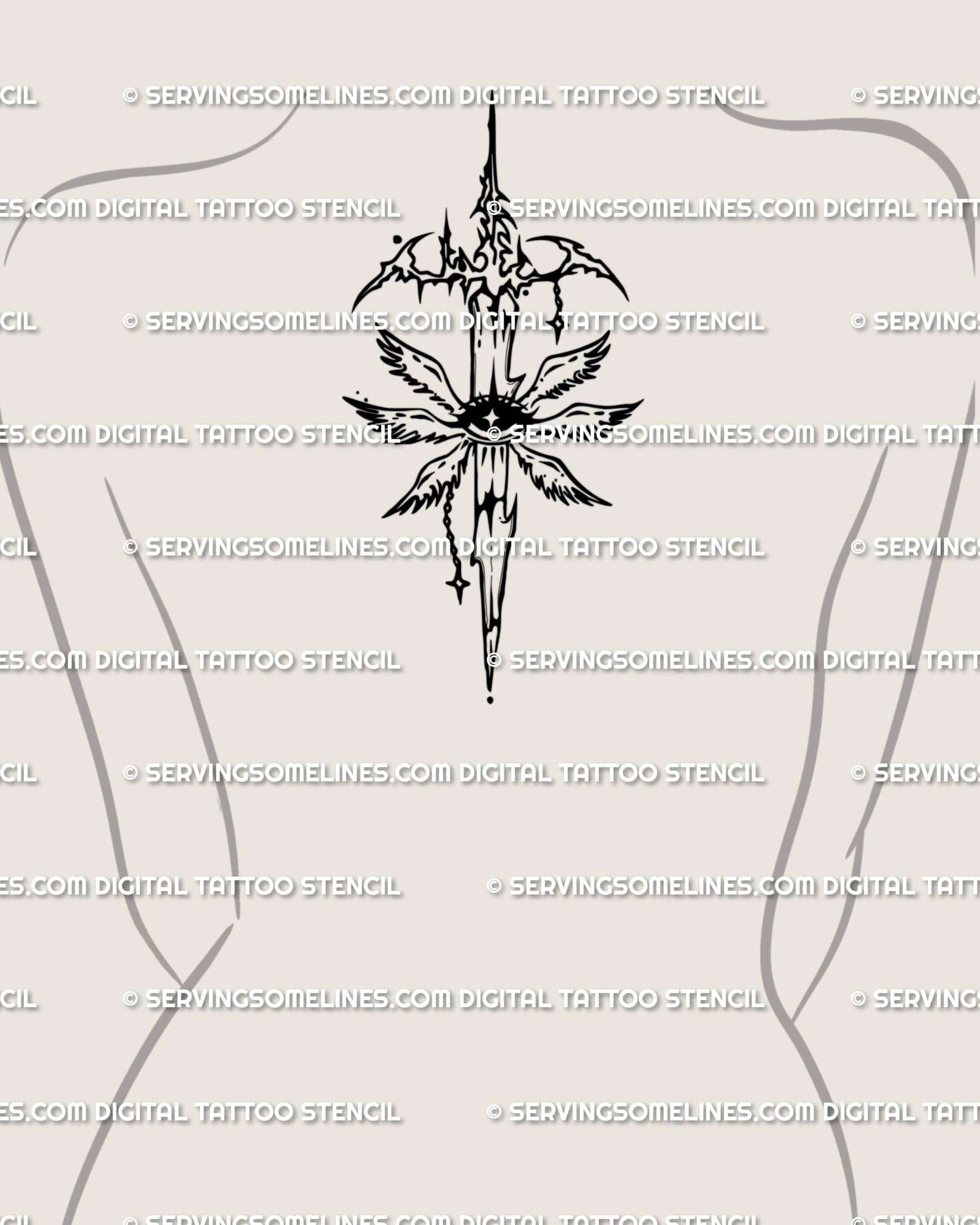Upper back seraphim sword tattoo in cybersigilism line art, angelcore winged sword design representing faith, power, and spiritual protection.