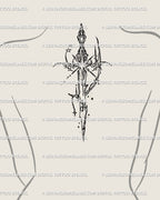Cybersigilism sword tattoo design placed along upper back spine, celestial star details acting as anchors, spiky tribal lines in symmetrical blackwork style.