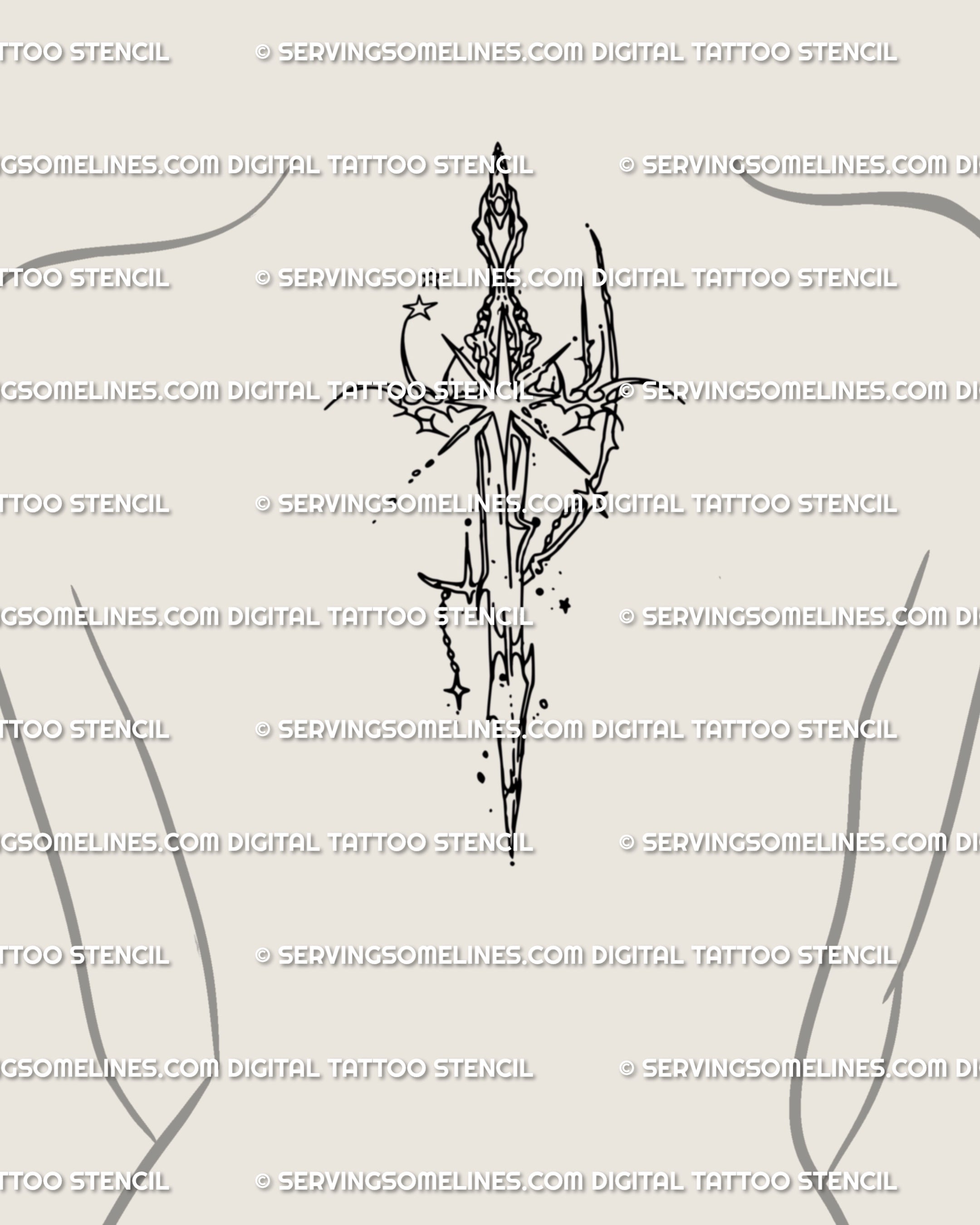 Cybersigilism sword tattoo design placed along upper back spine, celestial star details acting as anchors, spiky tribal lines in symmetrical blackwork style.
