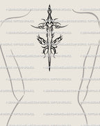 Upper back concept for a sword with flaming wings tattoo stencil—centered blade, spread wings, and clean symmetry suited to spine/back layouts.