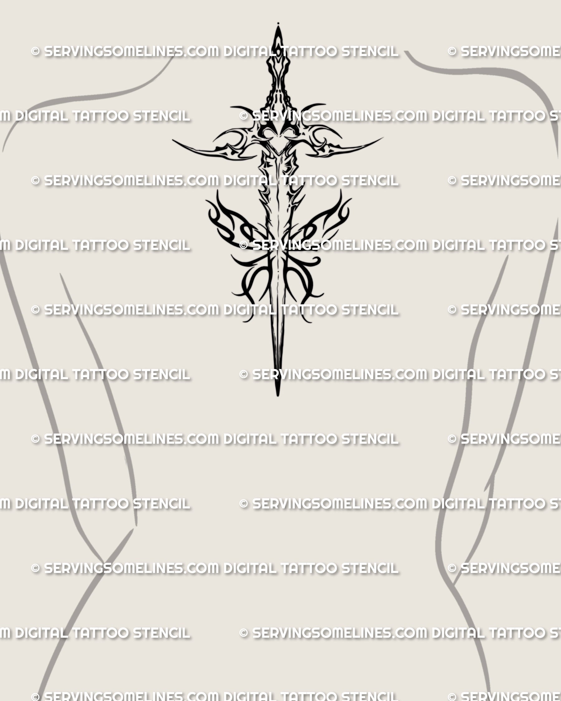Upper back concept for a sword with flaming wings tattoo stencil—centered blade, spread wings, and clean symmetry suited to spine/back layouts.