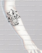 Forearm vampire bunny tattoo design, small spooky cute linework with wings and dark kawaii fantasy style.