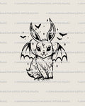 Spooky cute vampire bunny tattoo stencil with bat wings, small kawaii linework drawn for Halloween tattoo flash collectors.