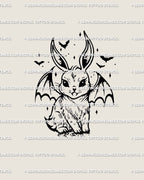 Spooky cute vampire bunny tattoo stencil with bat wings, small kawaii linework drawn for Halloween tattoo flash collectors.