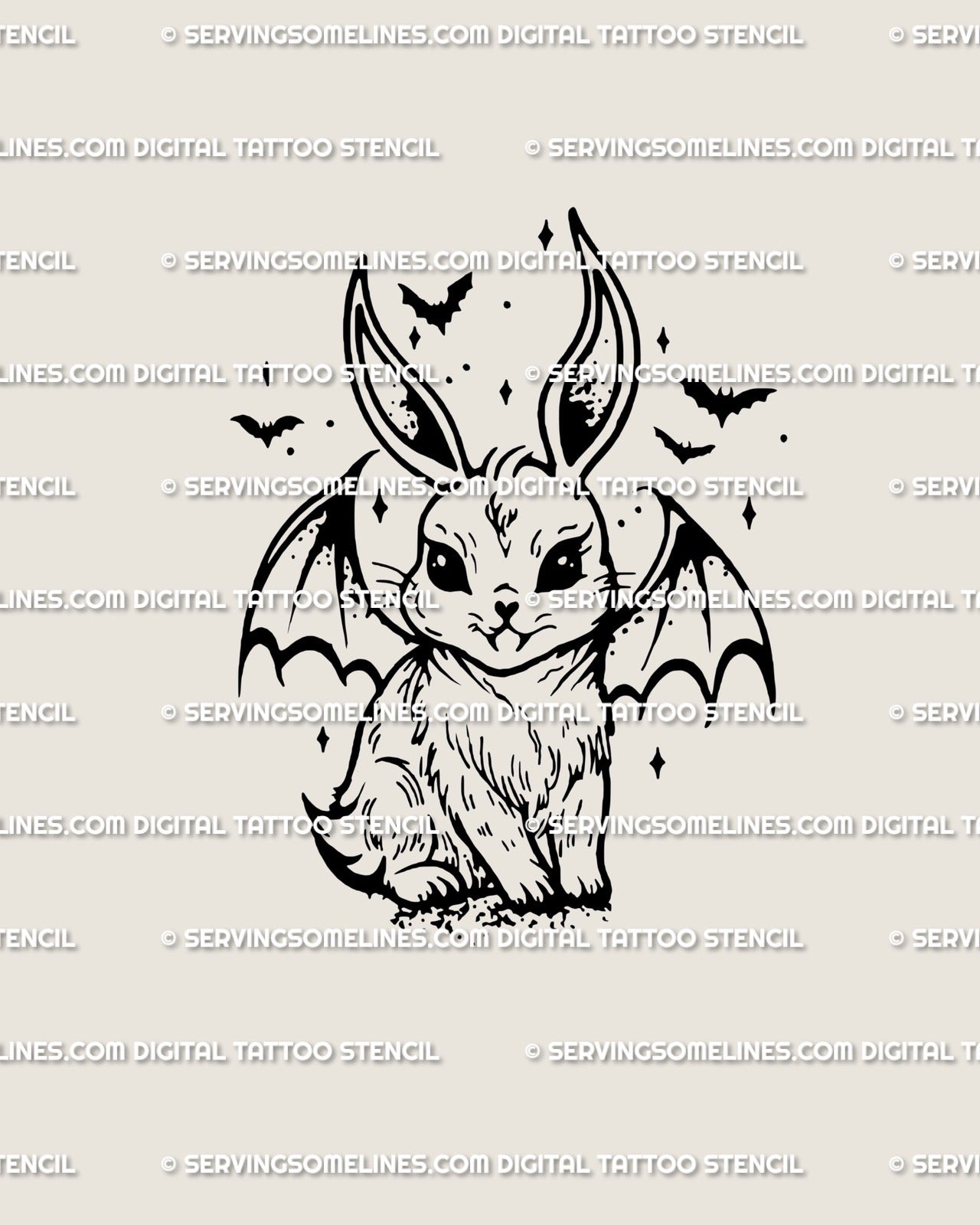 Spooky cute vampire bunny tattoo stencil with bat wings, small kawaii linework drawn for Halloween tattoo flash collectors.