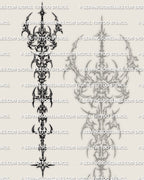 Vertical cybersigilism spine tattoo design digital download with sharp centerline and tribal flow