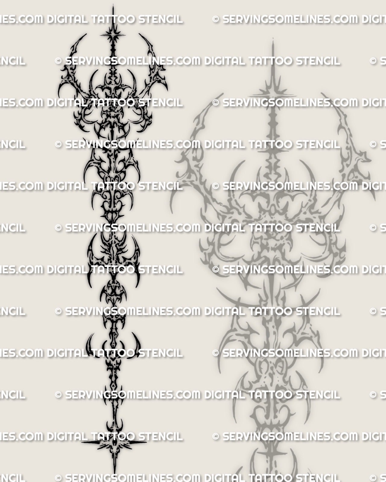 Vertical cybersigilism spine tattoo design digital download with sharp centerline and tribal flow
