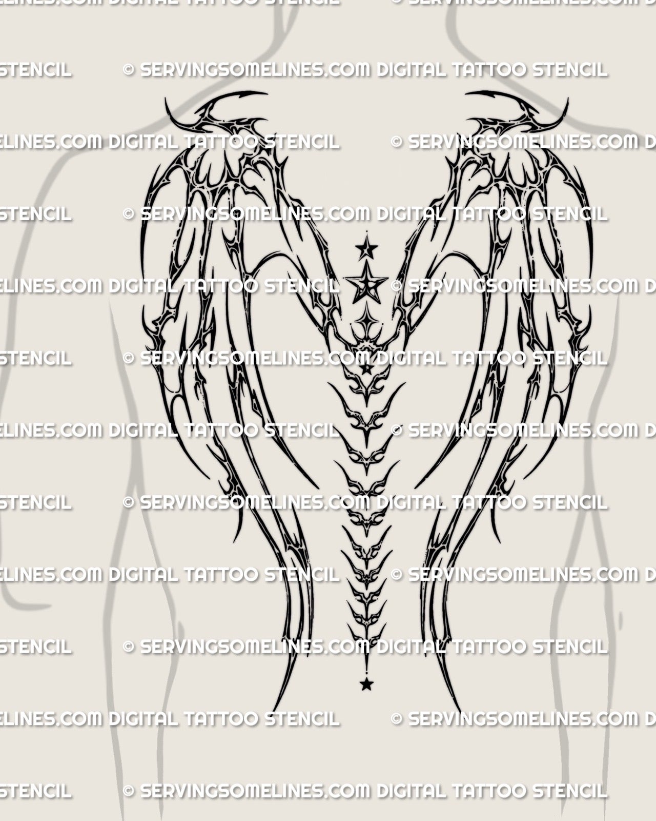 Vertical demon wings tattoo shown on men’s back placement with a spine-led center and symmetrical upper wings