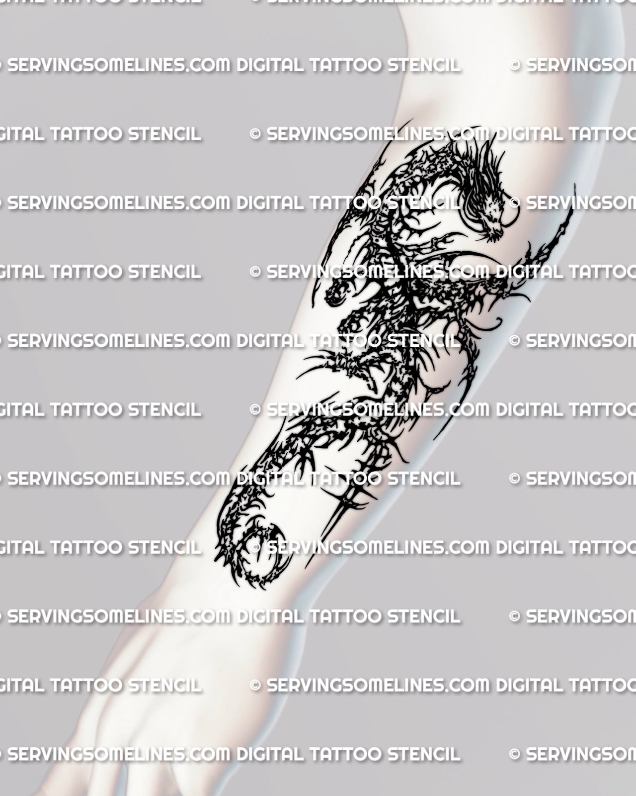 Vertical dragon forearm tattoo stencil preview, arm-fit layout for clean placement planning and transfer