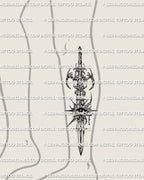 Vertical eye sword tattoo stencil shown on lower leg placement with long blade shape and sharp cybersigilism detail