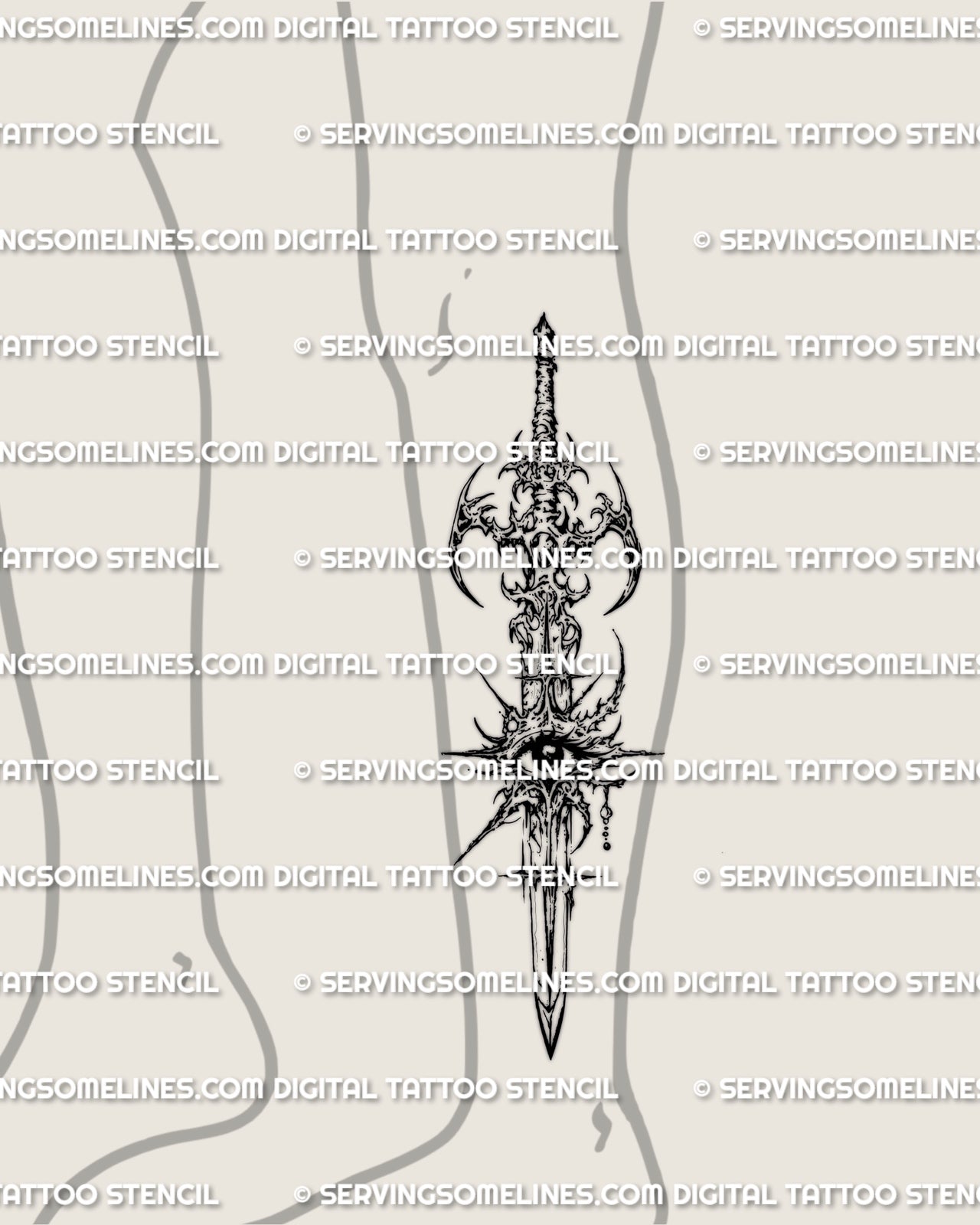 Vertical eye sword tattoo stencil shown on lower leg placement with long blade shape and sharp cybersigilism detail