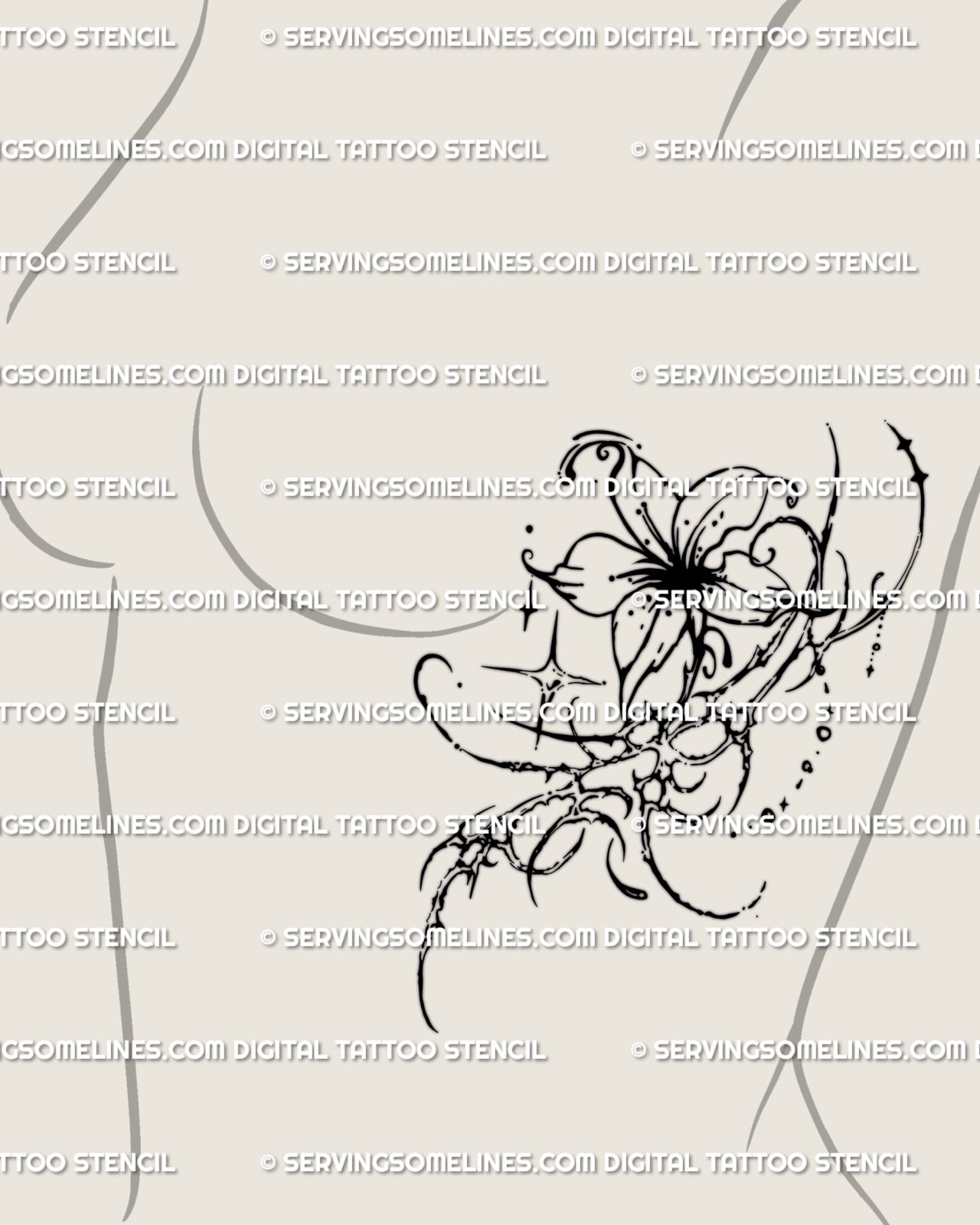 Vertical flower tattoo stencil shown on ribs placement preview, cybersigilism floral design for clean stencil transfer.
