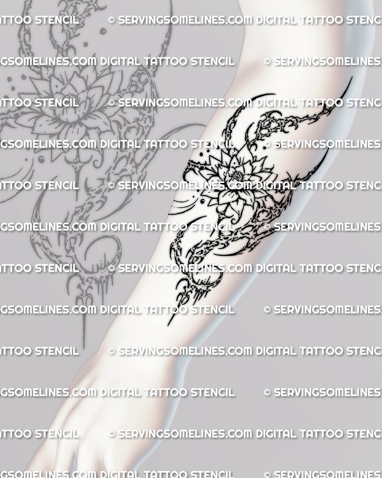 Vertical lotus tattoo stencil shown on forearm placement preview, cybersigilism flower design for clean transfer.