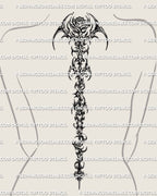 Vertical rose back tattoo shown on feminine spine placement with a clear top bloom and sharp floral body structure