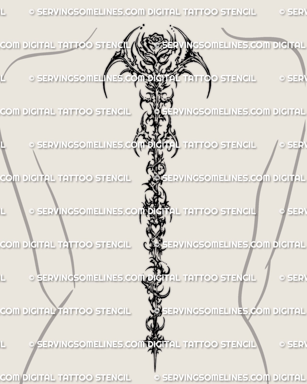 Vertical rose back tattoo shown on feminine spine placement with a clear top bloom and sharp floral body structure