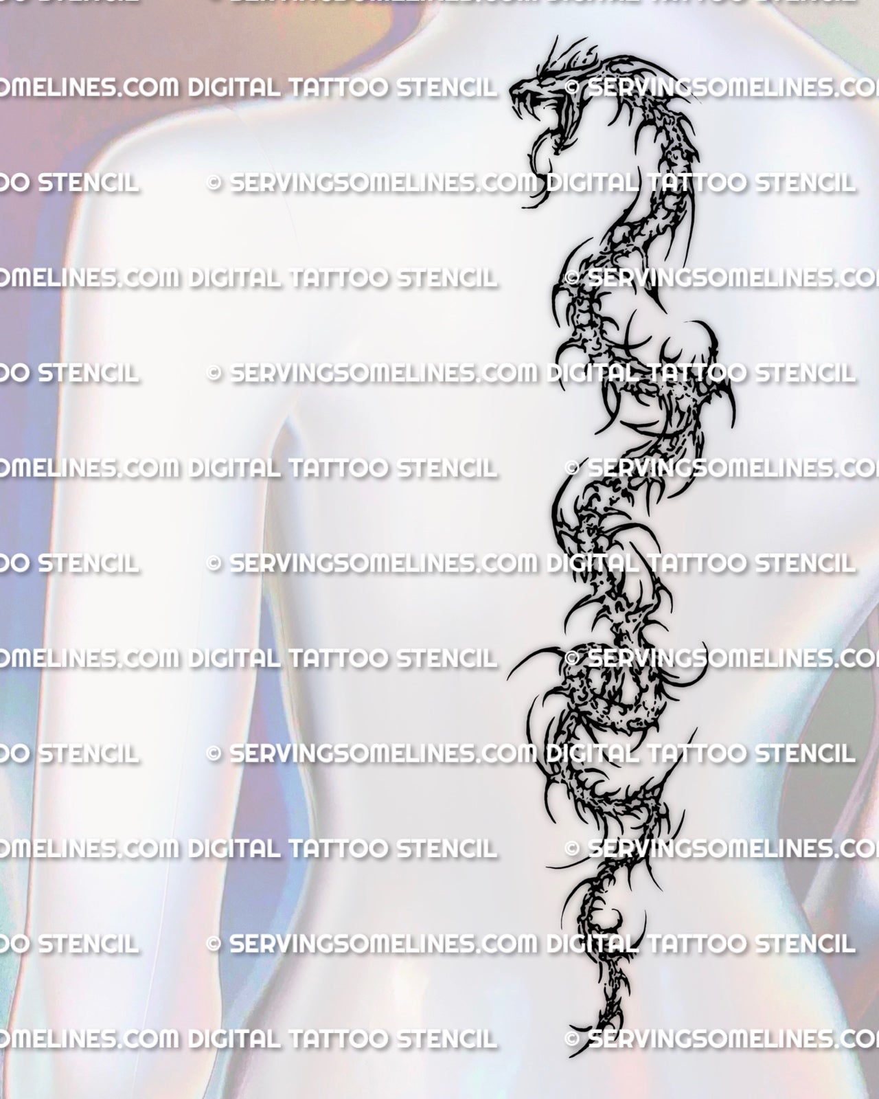 Vertical serpent back tattoo stencil design with a clear snake body, descending spine flow, and stylized neotribal edges