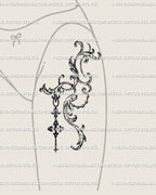 Shown on the front thigh placement, this feminine baroque tattoo stencil features victorian filigree and flowing ornamental shapes.
