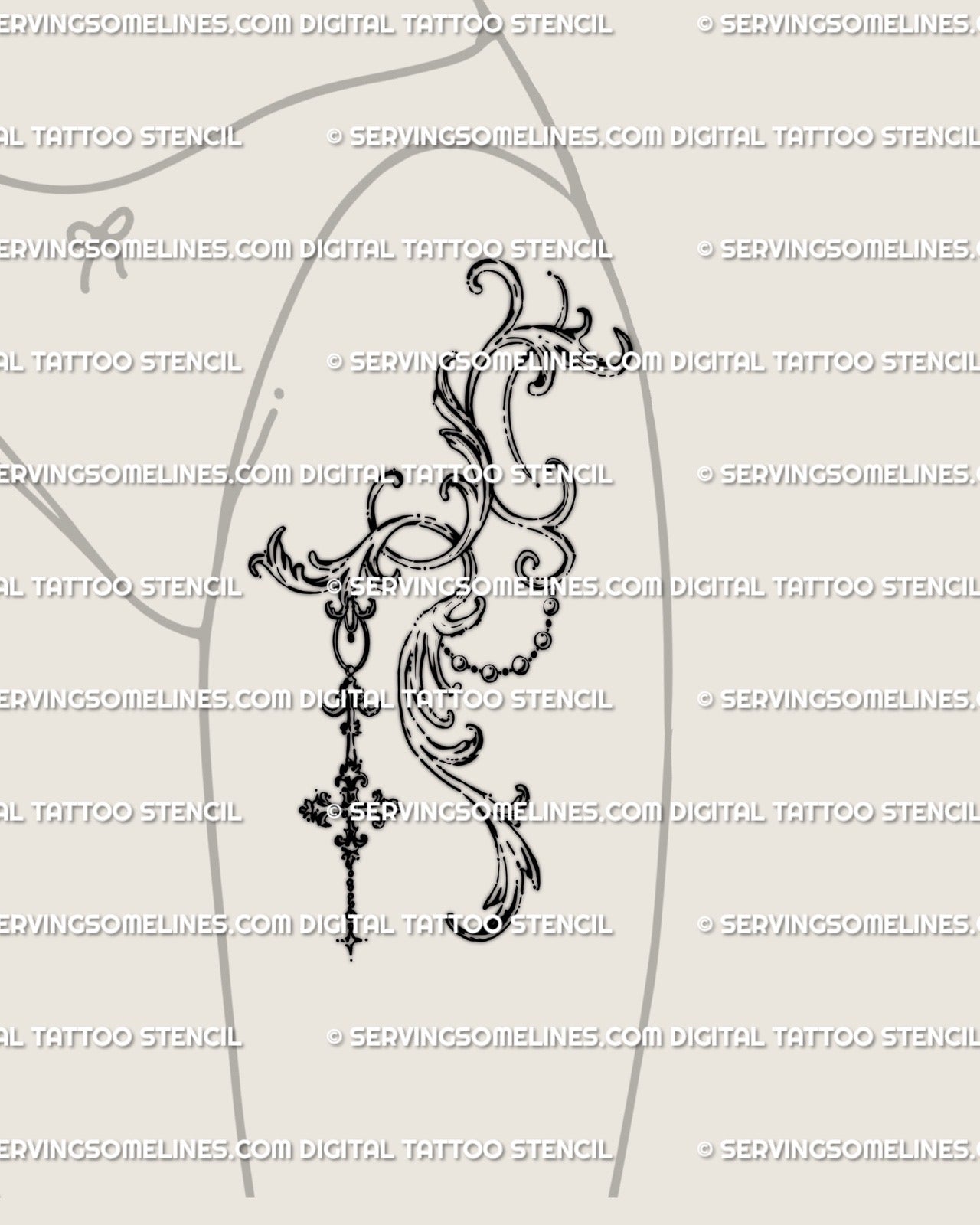 Shown on the front thigh placement, this feminine baroque tattoo stencil features victorian filigree and flowing ornamental shapes.