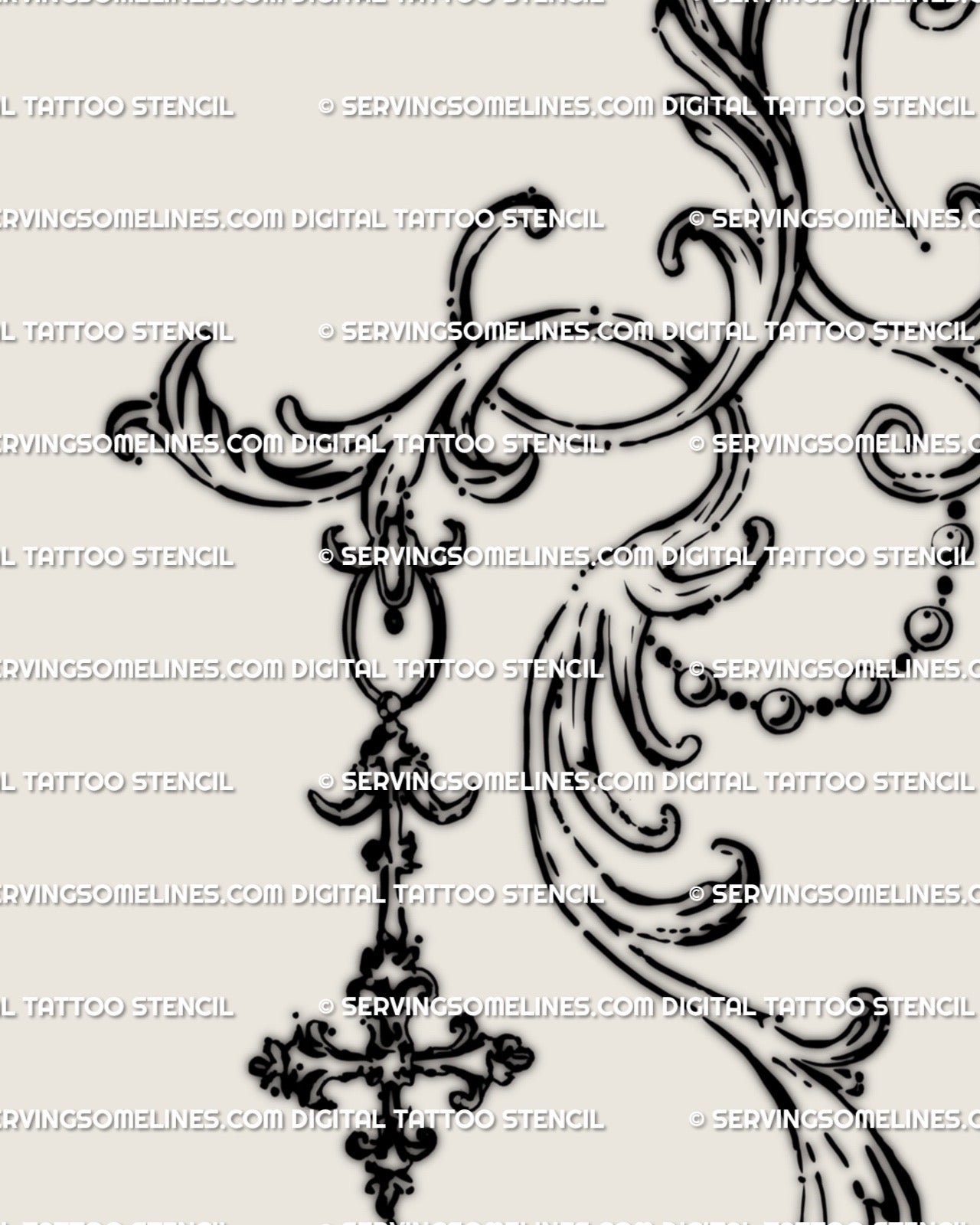 Flat preview of the baroque filigree tattoo stencil, drawn in victorian ornament blackwork style for gothic and elegant body art.