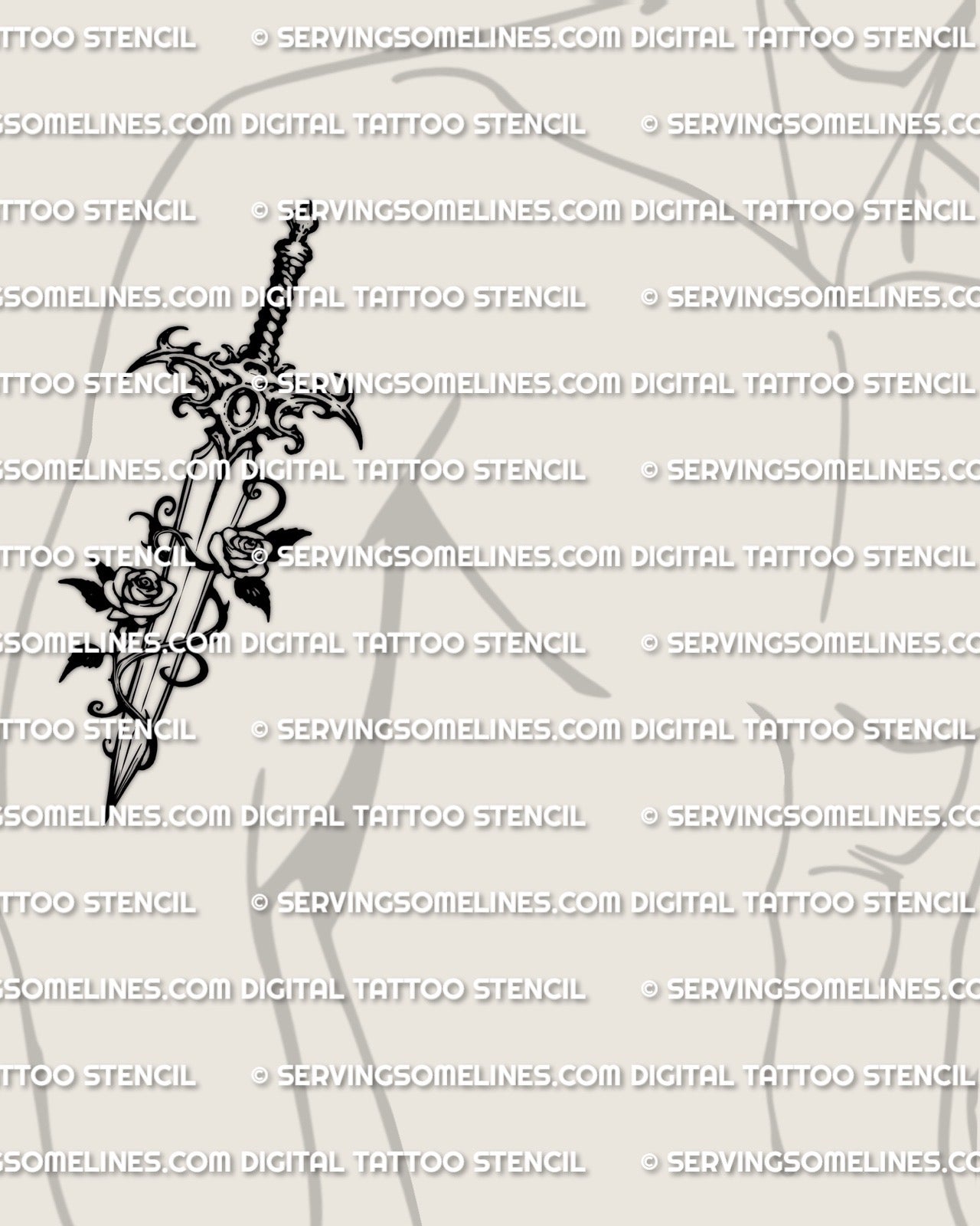 Vine wrapped dagger tattoo shown on men’s upper arm placement with two roses and a clear vertical blade