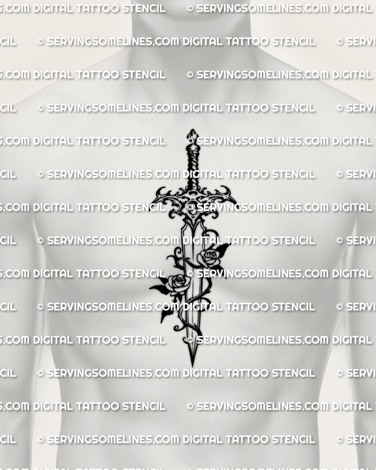 Vine wrapped rose dagger tattoo shown on men’s chest placement with a centered blade and two rose details