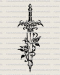 Vine wrapped rose dagger tattoo stencil design with two roses, a clear dagger silhouette, and curved vine detail