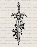 Vine wrapped rose dagger tattoo stencil design with two roses, a clear dagger silhouette, and curved vine detail