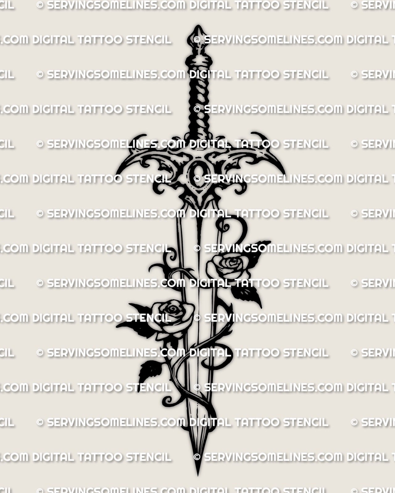 Vine wrapped rose dagger tattoo stencil design with two roses, a clear dagger silhouette, and curved vine detail
