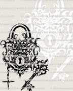 Vintage filigree lock and key tattoo stencil, dark ornamental lock with decorative key head, ready for stencil transfer.