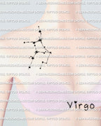 Virgo constellation tattoo stencil shown on collarbone placement example, minimalist star points with a clean zodiac line path.