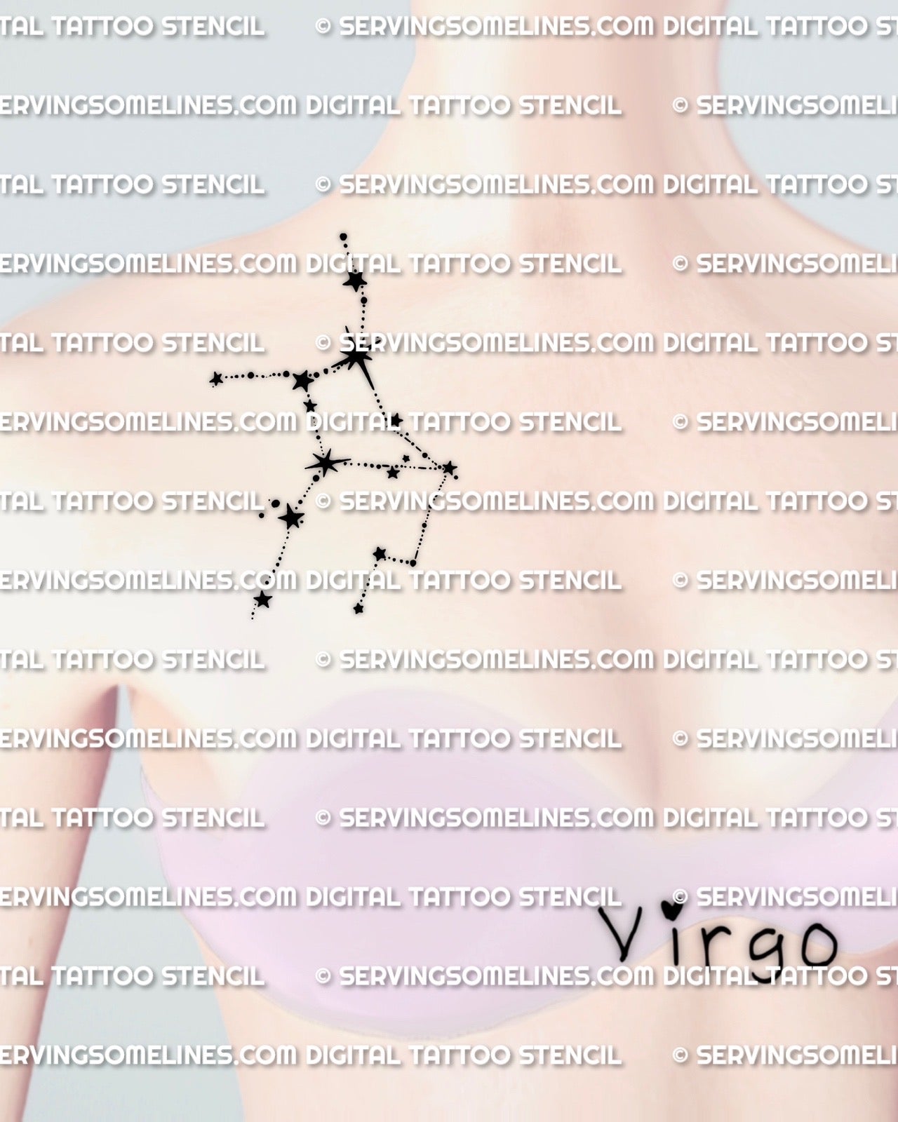 Virgo constellation tattoo stencil shown on collarbone placement example, minimalist star points with a clean zodiac line path.