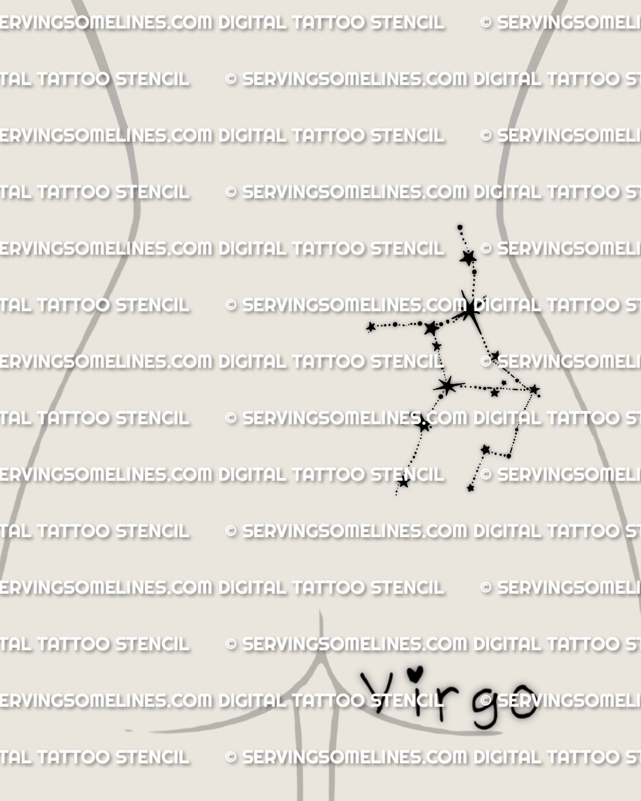 Virgo constellation tattoo stencil shown on lower back placement example, simple zodiac constellation stars with fine line layout.