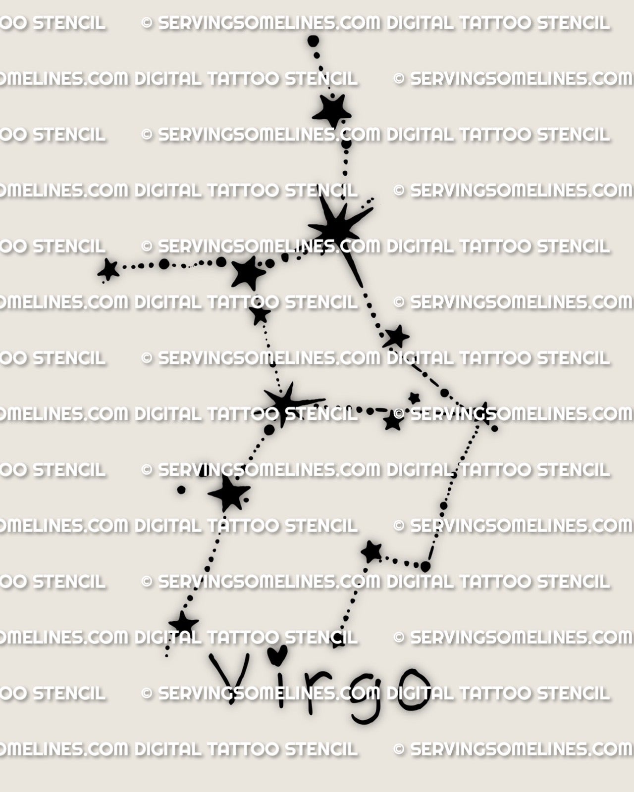 Virgo constellation tattoo stencil design, minimalist zodiac stars with clean line path, printable PNG, JPEG, PDF download.