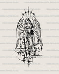 Warrior angel tattoo stencil in gothic blackwork with cybersigilism wings and sword, digital download cyber tribal design.